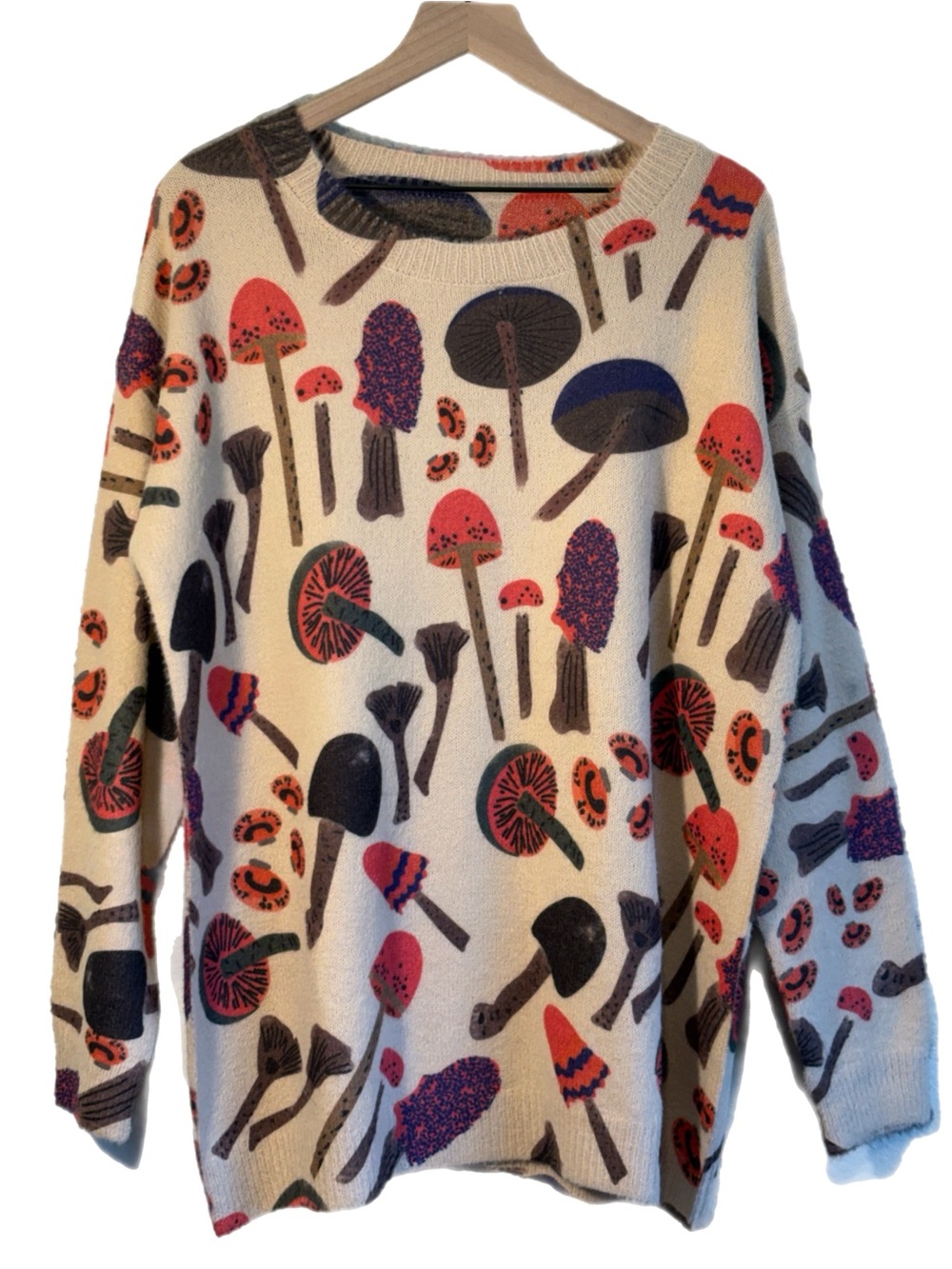 Oversized Wool Blend Mushroom Soft Crewneck Sweater Cream Orange Brown M/XL